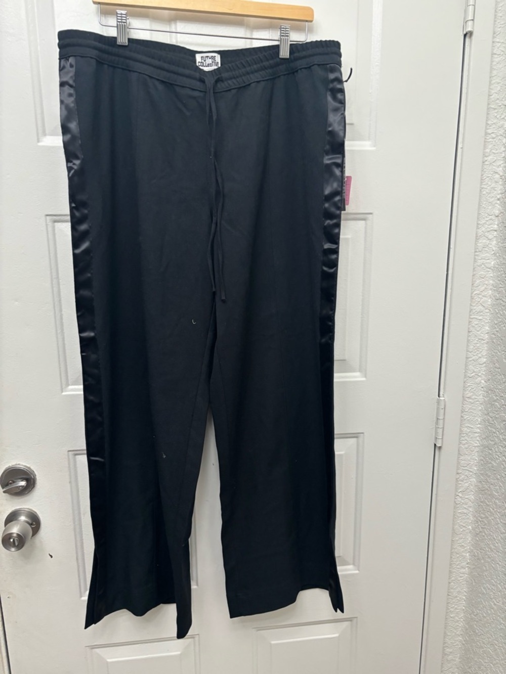 Wide-Leg Satin-Strip Track Pants in Black - Future Collective